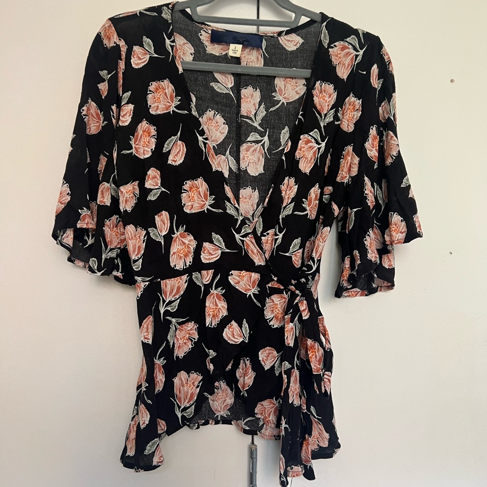 Blue Rain Flutter Sleeve Rose Floral Wrap Blouse